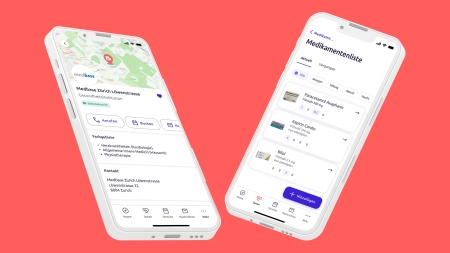 Zwei leicht schräge Handyscreens, links mit neuer Detailseite und rechts mit zusätzlichem Einnahmeschema