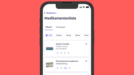 Darstellung der Medikamentenliste in der Compassana App auf rotem Hintergrund.