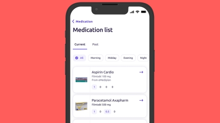 Display of the medication list in the Compassana app on a red background.