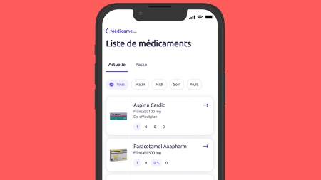 Présentation de la liste des médicaments dans l'application Compassana sur fond rouge.