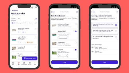 The new ‘Reorder medication’ function is shown on three smartphones. You select the medication and choose the status of the prescription.