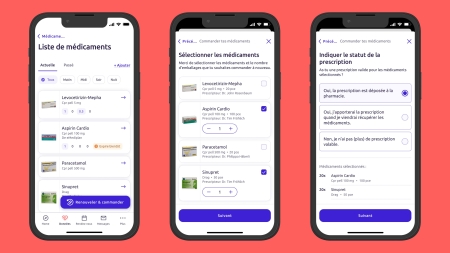 Sur trois smartphones, on voit la nouvelle fonction « renouvellement de commande de médicaments ». On choisit les médicaments et on sélectionne le statut de l'ordonnance.