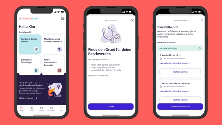 Drei Smartphone-Bildschirme zeigen den Symptom-Check. Der erste Bildschirm ist der Home-Screen mit Navigationsoptionen, der zweite zeigt den Start des Symptom-Check, der dritte präsentiert den Fallbericht des Symptom-Checks.