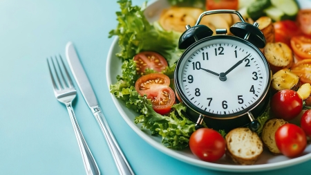 Wecker auf Teller mit Essen