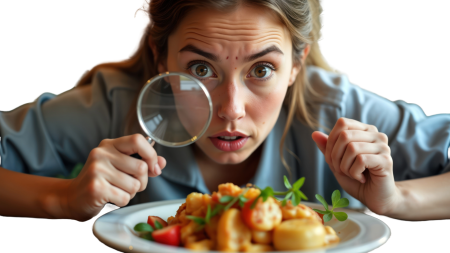 Une femme surprise examine une assiette avec une loupe et a l'air curieuse ou sceptique.