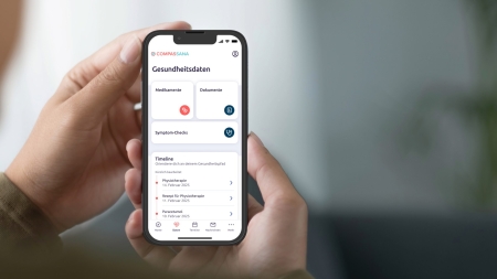 Mockup der Compassana App mit der Übersichtsseite „Gesundheitsdaten“.