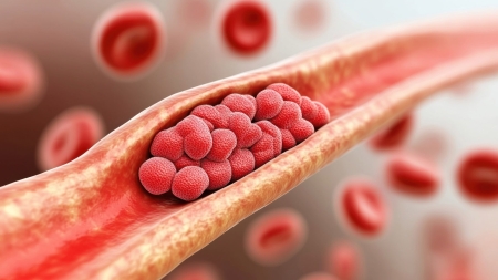 Illustrazione di un coagulo di sangue che blocca un vaso sanguigno, con accumulo di globuli rossi e flusso sanguigno attraverso il vaso.