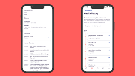 Two smartphones display a medical app. The left screen shows treatment details for an illness, including diagnosis, doctor and treatments. The right screen shows a health list with medications, doctor visits and services in 2024.