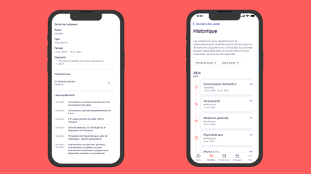 Zwei Smartphones zeigen medizinische Informationen in französischer Sprache an. Der linke Bildschirm zeigt Behandlungsdetails wie Diagnose und Terminliste an. Der rechte Bildschirm zeigt eine Zeitleiste der Krankengeschichte mit Medikamenten und Gesundheitsleistungen. Der Hintergrund ist rot.