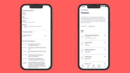 Due smartphone mostrano un'app medica. Lo schermo Link mostra i dettagli del trattamento di una malattia, compresa la diagnosi, il medico e le terapie. Lo schermo a destra mostra un elenco sanitario con Medicamenti, visite mediche e Prestazioni nel 2024.