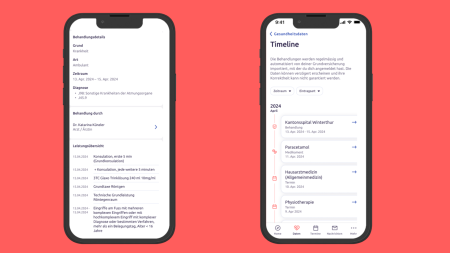 Zwei Smartphones zeigen eine medizinische App an. Auf dem linken Bildschirm werden Behandlungsdetails wie Diagnose, Arzt und Leistungen angezeigt. Der rechte Bildschirm zeigt einen Gesundheitszeitplan mit Medikamenten und Behandlungen, die nach Datum aufgelistet sind. Der Hintergrund ist rot.