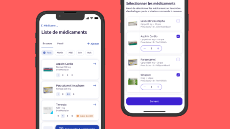 Deux écrans de smartphone montrent/voient une application francophone de gestion des médicaments, qui contient des listes de médicaments tels que l'Aspirine Cardio et le Paracétamol avec des informations sur la posologie, des options pour ajouter ou recommander des produits et des boutons de sélection.