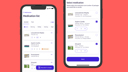 Two smartphone screens display a French-language medication management app that contains lists of medications such as Aspirin Cardio and paracetamol with dosage information, options for adding or reordering, and selection buttons.