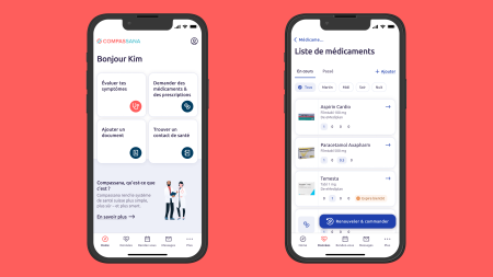 Deux smartphones affichent une application de santé française. L'écran de gauche accueille "Bonjour Kim" et propose des options telles que l'évaluation des symptômes et la recherche de contacts médicaux. L'écran de droite affiche une liste de médicaments avec des options de renouvellement ou de commande.