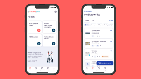 Two smartphones display a healthcare app. The left screen greets “Hi Kim” with options like symptom check, request medication, and find healthcare contact. The right shows a medication list with dosages and refill options. Both screens have icons and menus.