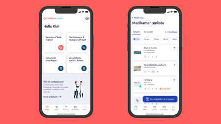 Zwei Smartphones zeigen eine deutsche Gesundheits-App an. Der linke Bildschirm grüßt mit "Hallo Kim" und bietet Optionen für die Überprüfung von Symptomen, das Hochladen von Dokumenten und die Suche nach einer medizinischen Fachkraft. Der rechte Bildschirm zeigt eine Medikamentenliste mit Details zu jedem Medikament.