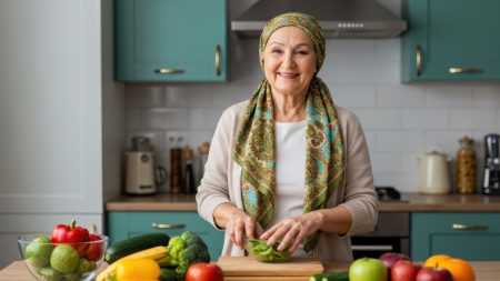 A smiling woman wearing a patterned headscarf prepares vegetables in a bright kitchen, with various colourful products laid out on the counter in front of her.