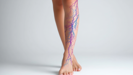 Primo piano delle gambe e dei piedi di una persona con vene blu e viola visibili ed evidenziate sulla pelle, che illustrano le vene varicose o i capillari. Lo sfondo è semplice e di colore chiaro.