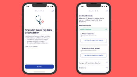 Zwei Smartphones zeigen eine deutschsprachige Gesundheits-App zur Überprüfung von Symptomen an. Der erste Bildschirm fordert die Nutzer auf, Ursachen für ihre Symptome zu finden. Der zweite Bildschirm zeigt mögliche Diagnosen und Empfehlungen. Der Hintergrund ist korallenrot.