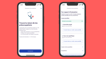 Deux écrans de smartphone montrent/voient une application française dédiée à la santé. L'écran de gauche invite l'utilisateur à évaluer ses symptômes, tandis que celui de droite affiche un rapport d'évaluation des symptômes avec les causes possibles, telles que la bronchite aiguë.