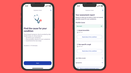 Two smartphone screens display a French health app. The left screen prompts the user to assess their symptoms, while the right screen displays a symptom assessment report with possible causes such as acute bronchitis.