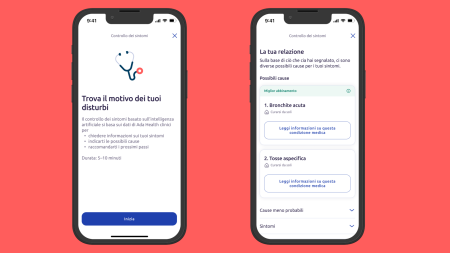 Due schermi di smartphone mostrano un'app francese dedicata alla salute. Lo schermo di sinistra invita l'utente a valutare i sintomi, mentre quello di destra mostra un rapporto di valutazione dei sintomi con possibili cause, come la bronchite acuta.