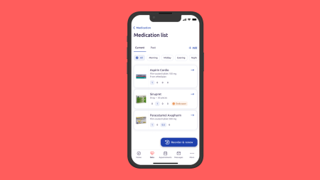 A smartphone displays a German medication list app with three medications listed, each with its name, image, dosage and reminder options, on a red background.