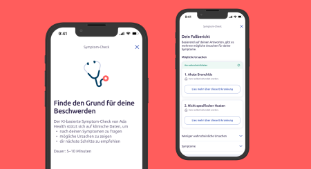 Zwei Smartphones zeigen eine deutsche App zum Symptom-Check an. Der linke Bildschirm zeigt ein Stethoskop-Symbol und Informationen über den Check. Der rechte Bildschirm listet mögliche Ursachen für die Symptome auf, darunter akute Bronchitis und nicht näher bezeichnete Ursachen.