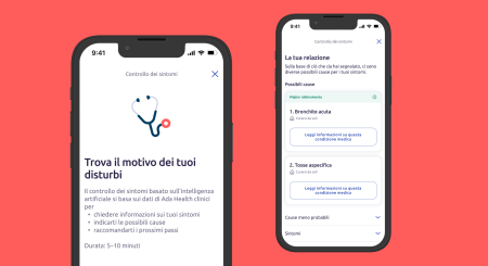Due smartphone mostrano un'app tedesca per il controllo dei sintomi. Lo schermo a sinistra mostra l'icona di uno stetoscopio e info sul controllo. Lo schermo a destra elenca le possibili cause dei sintomi, tra cui bronchite acuta e cause non specificate.