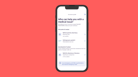 A smartphone displaying a medical assistance app in German on a pink background. The screen shows options for partner pharmacies, telemedicine and a medical directory, with a blue emergency button at the bottom.