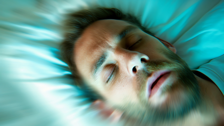 Un homme barbu dort sur un oreiller sous une lumière bleu-vert, avec un effet flou et zoomé provenant de son visage, créant une atmosphère onirique ou surréaliste.