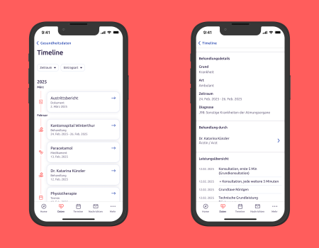 Zwei Smartphones zeigen eine medizinische Timeline-App in deutscher Sprache an, die vor einem einfarbigen roten Hintergrund Gesundheitsereignisse und Details für 2025 anzeigt, z. B. Krankenhausentlassungen, Medikamente und Arztbesuche.