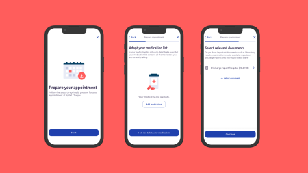 Three smartphone screens display a medical app. The screens show steps to prepare for an appointment: viewing instructions, adapting a medication list, and selecting relevant documents against a red background.